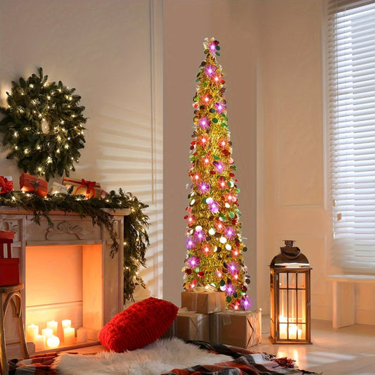 Albero di Natale a Matita con Decorazione LED Pieghevole – Albero Sottile Salvaspazio