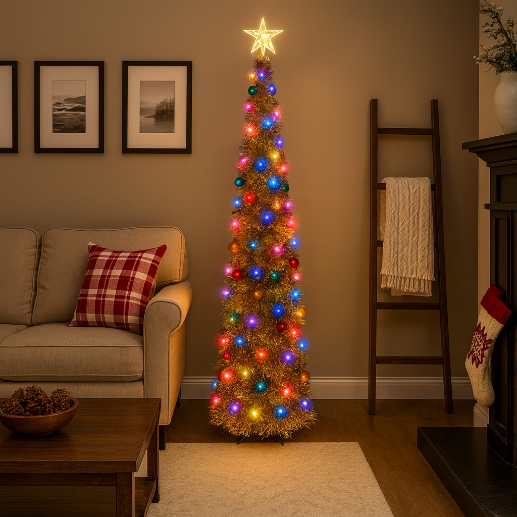 Albero di Natale a Matita con Decorazione LED Pieghevole – Albero Sottile Salvaspazio