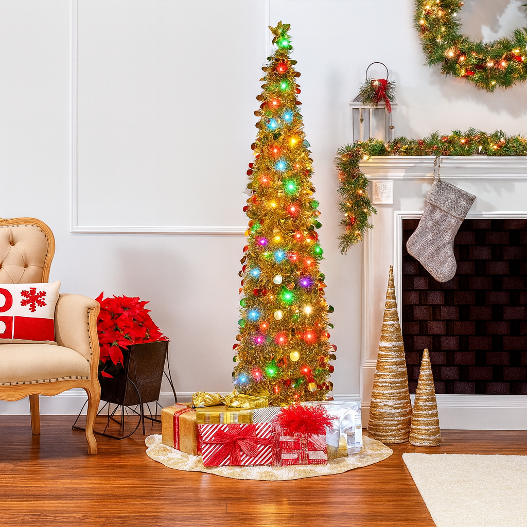 Albero di Natale a Matita con Decorazione LED Pieghevole – Albero Sottile Salvaspazio