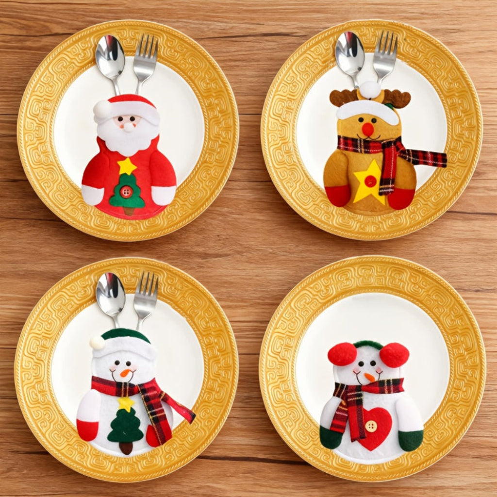 Decorazione da tavola natalizia – Portaposate in tessuto con figure natalizie (set da 12)