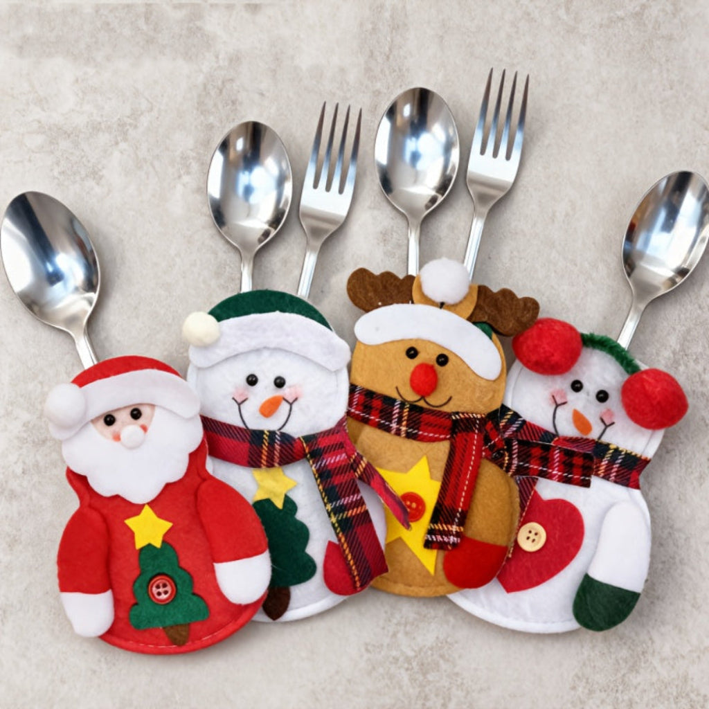 Decorazione da tavola natalizia – Portaposate in tessuto con figure natalizie (set da 12)