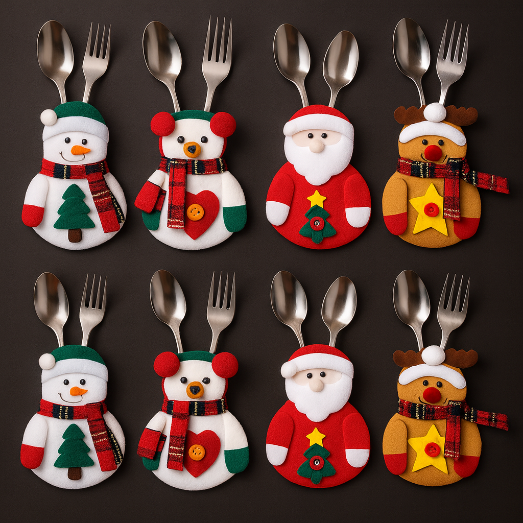 Decorazione da tavola natalizia – Portaposate in tessuto con figure natalizie (set da 12)