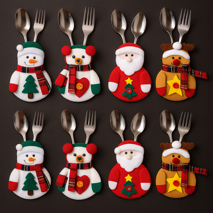 Decorazione da tavola natalizia – Portaposate in tessuto con figure natalizie (set da 12)