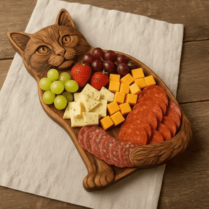WHISKERFEAST - Piatto per salsicce e snack a forma di gatto, realizzato in legno pregiato, fatto a mano