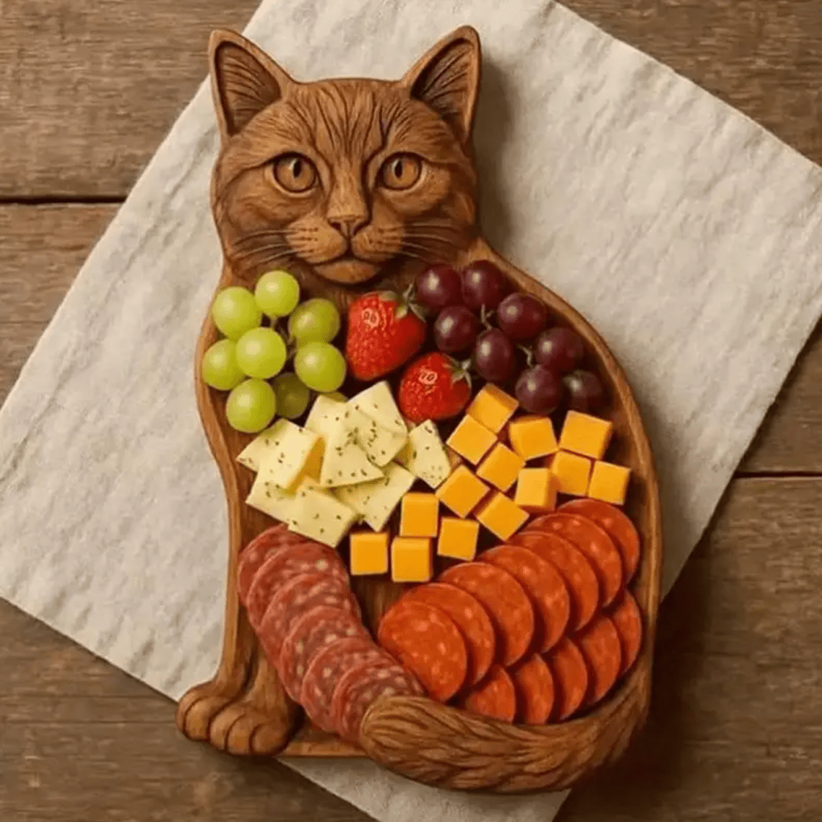 WHISKERFEAST - Piatto per salsicce e snack a forma di gatto, realizzato in legno pregiato, fatto a mano