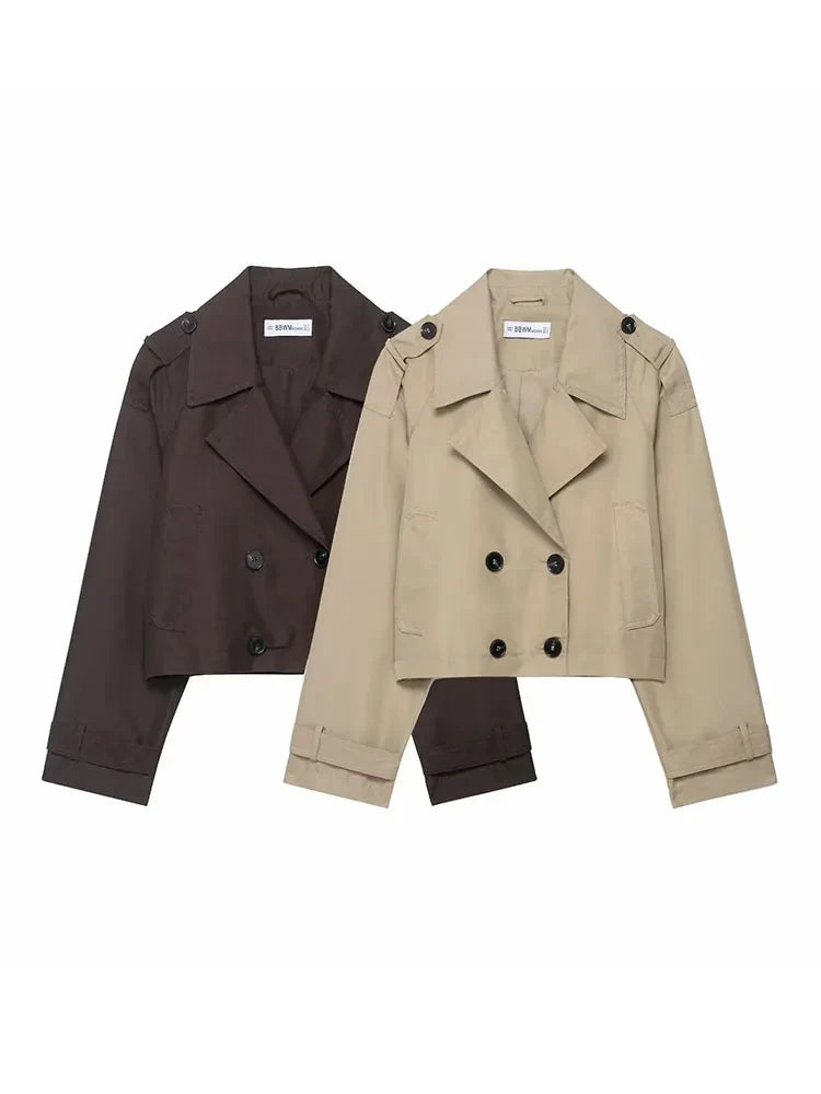 Trench corto da donna doppiopetto con tasche – Giacca elegante per l’autunno e l’inverno