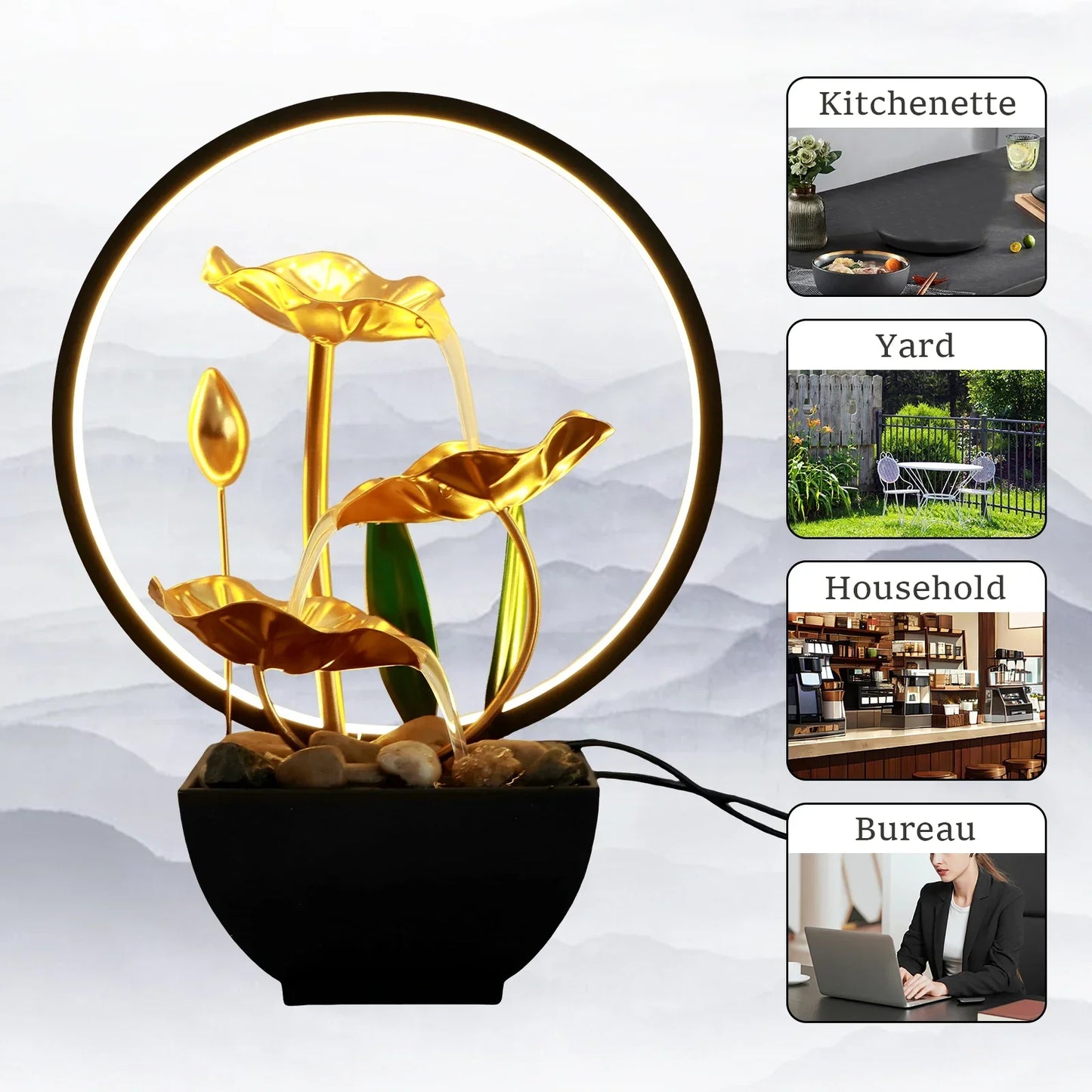 FLOWVITA – Fontana da tavolo USB con LED e pietre naturali per momenti di relax