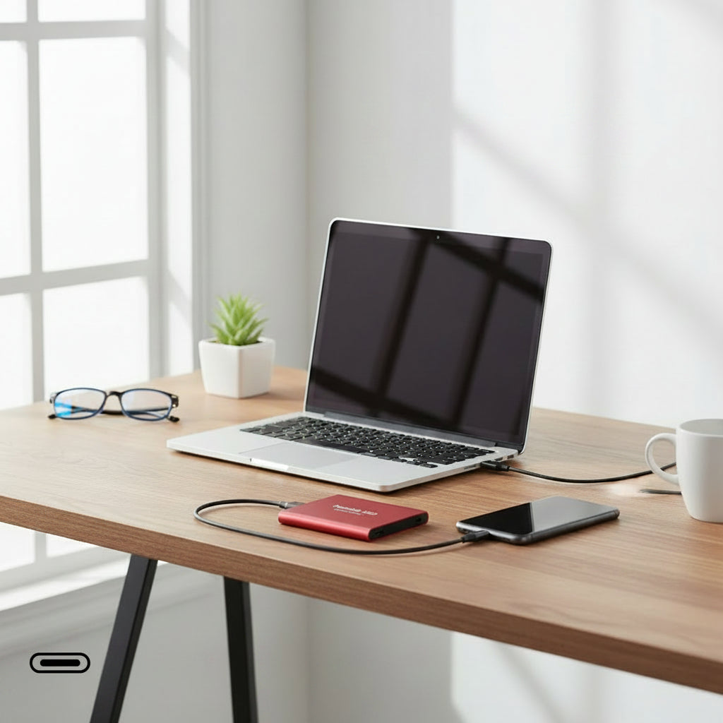 Vista laterale del SSD esterno 128TB con porta USB