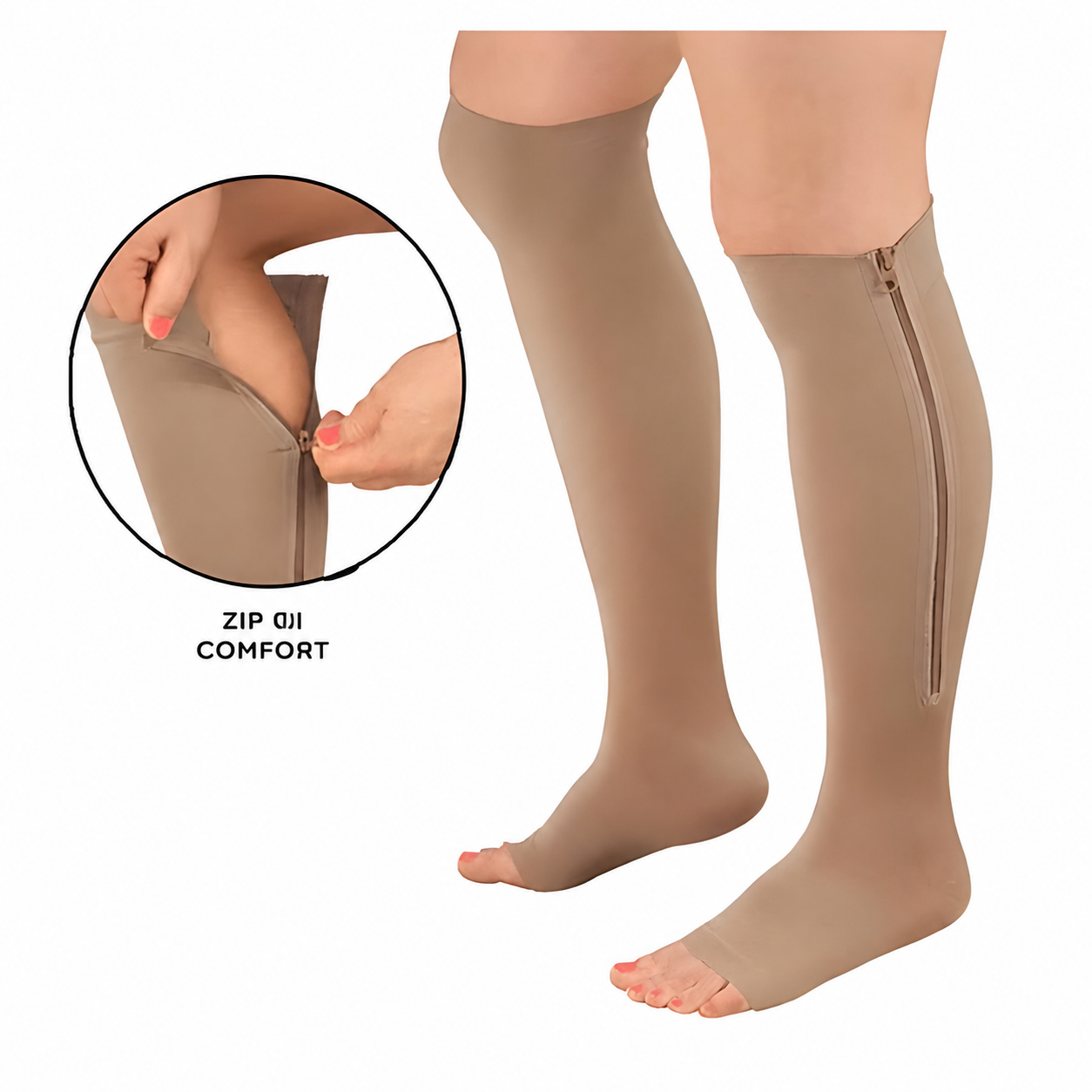 Vista frontale delle calze a compressione indossate