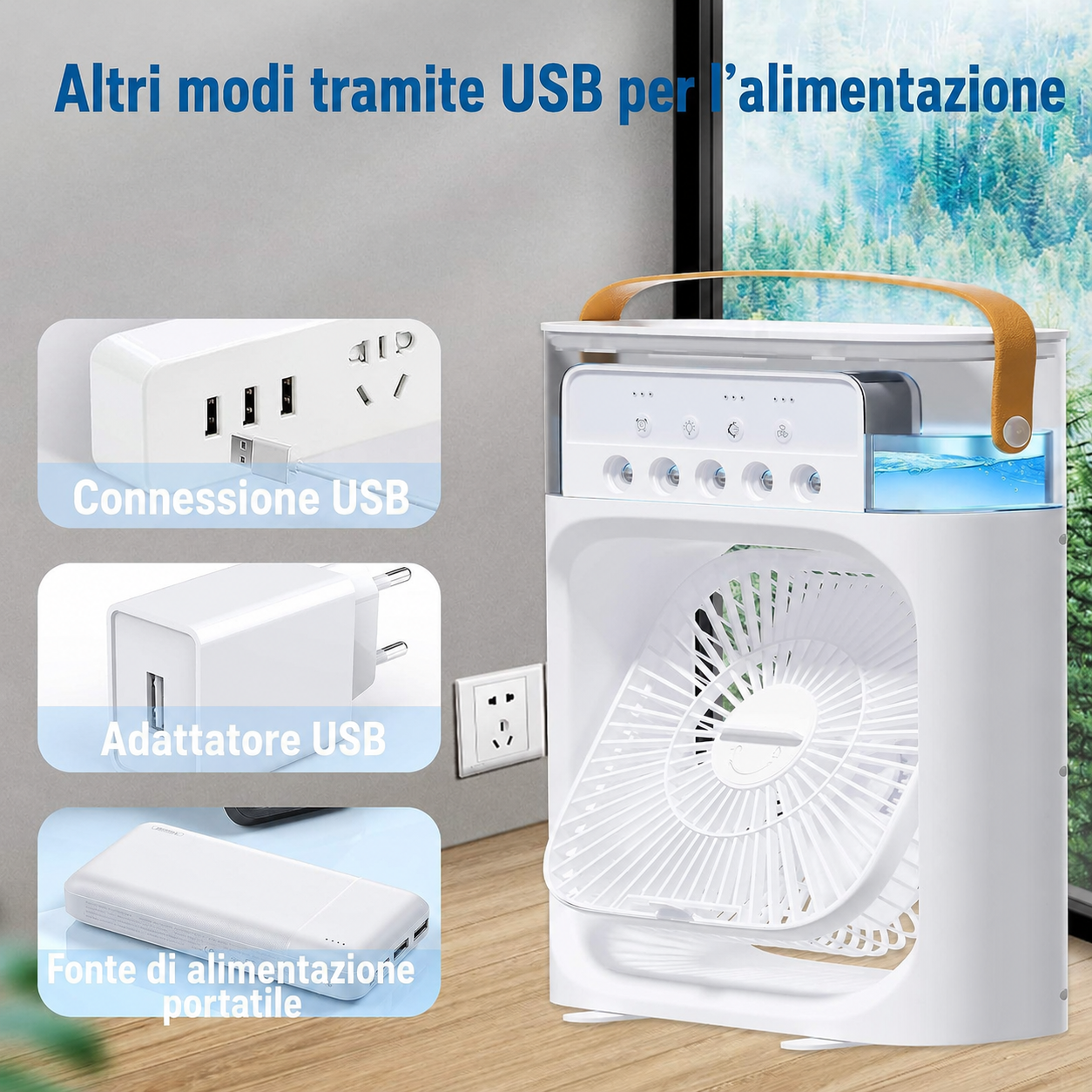 Mini Ventilatore Umidificatore Portatile – Rinfresco, Nebbia a 5 Ugelli & Luce Notturna 3-in-1