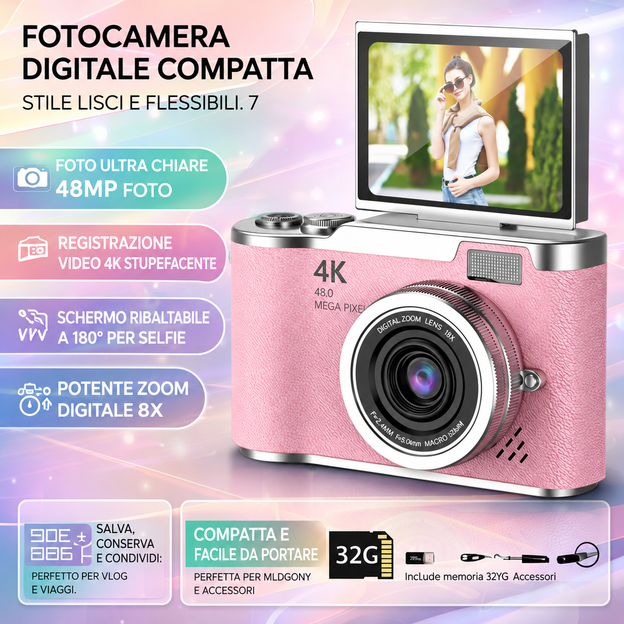 Fotocamera compatta con zoom 8X