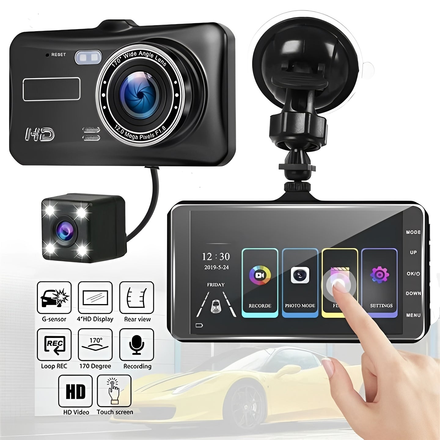 Telecamera Dash Cam per Auto con Registrazione Anteriore e Posteriore in 1080P