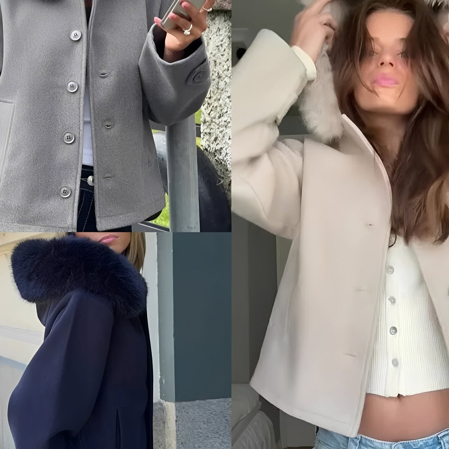 Cappotto da donna in misto lana con collo in pelliccia rimovibile e chiusura a bottoni