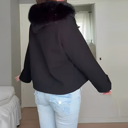Cappotto da donna in misto lana con collo in pelliccia rimovibile e chiusura a bottoni