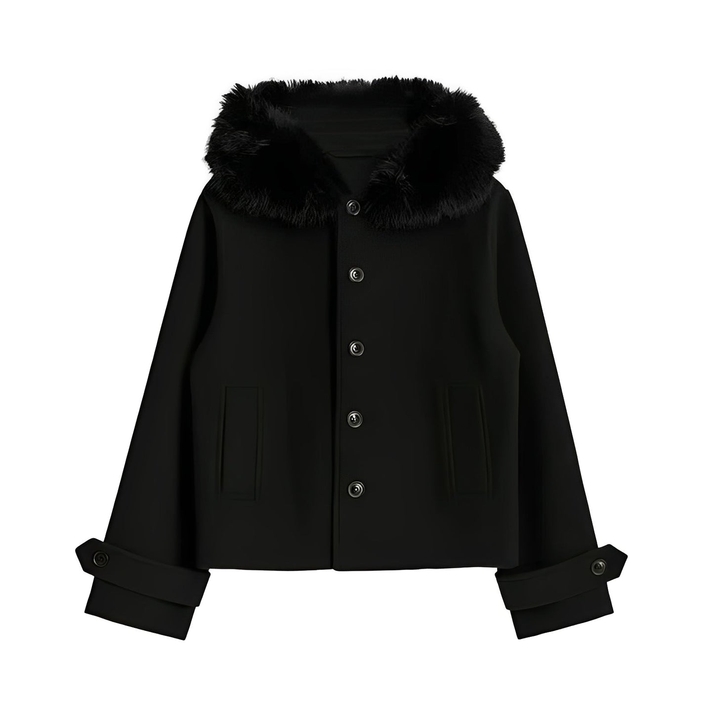 Cappotto da donna in misto lana con collo in pelliccia rimovibile e chiusura a bottoni