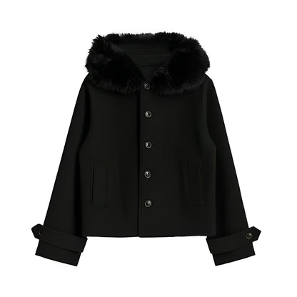 Cappotto da donna in misto lana con collo in pelliccia rimovibile e chiusura a bottoni