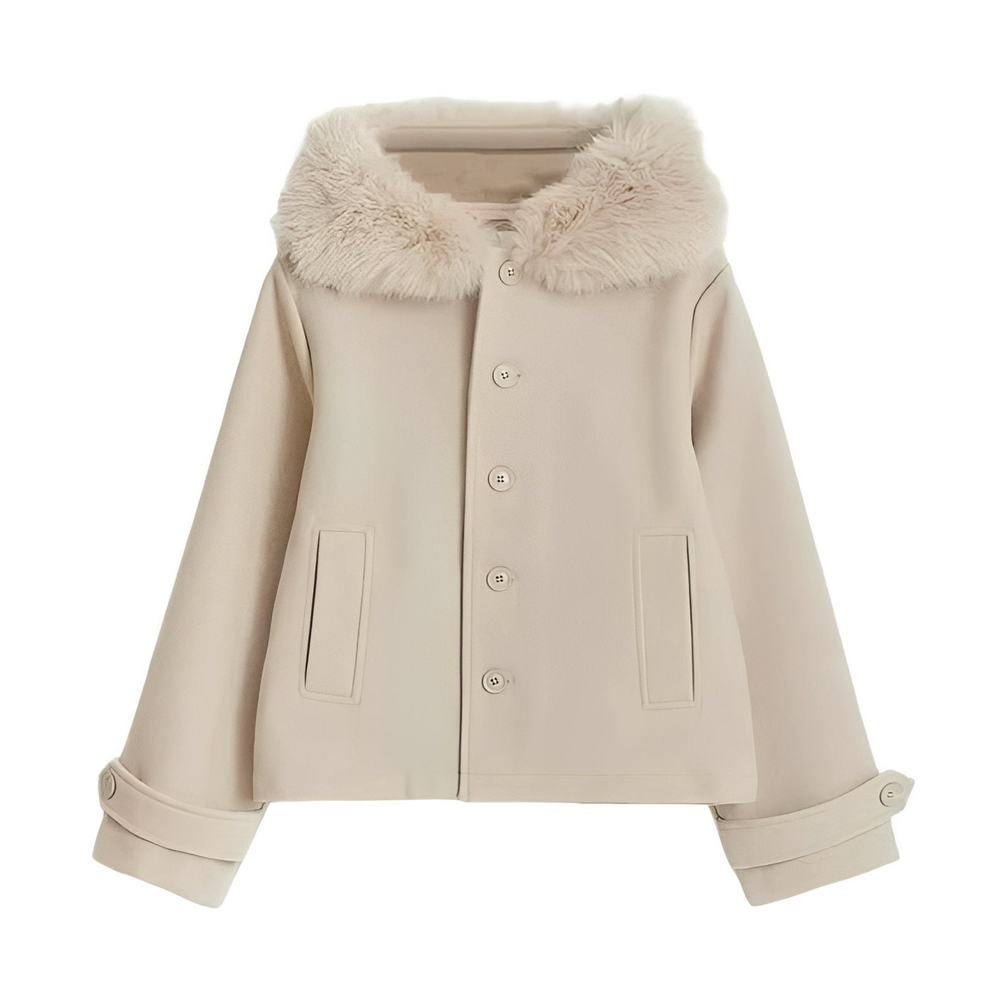 Cappotto da donna in misto lana con collo in pelliccia rimovibile e chiusura a bottoni