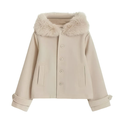 Cappotto da donna in misto lana con collo in pelliccia rimovibile e chiusura a bottoni