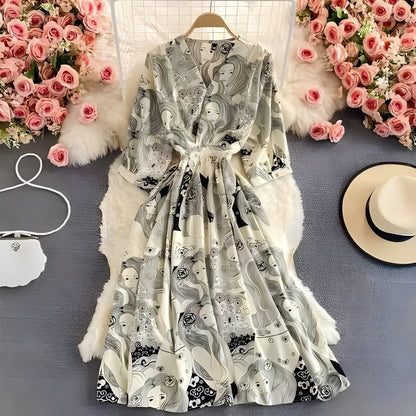 Vestito estivo in chiffon floreale con scollo a V che slancia e maniche a sbuffo