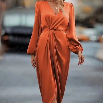 Elegante vestito midi da donna a maniche lunghe con scollo a V