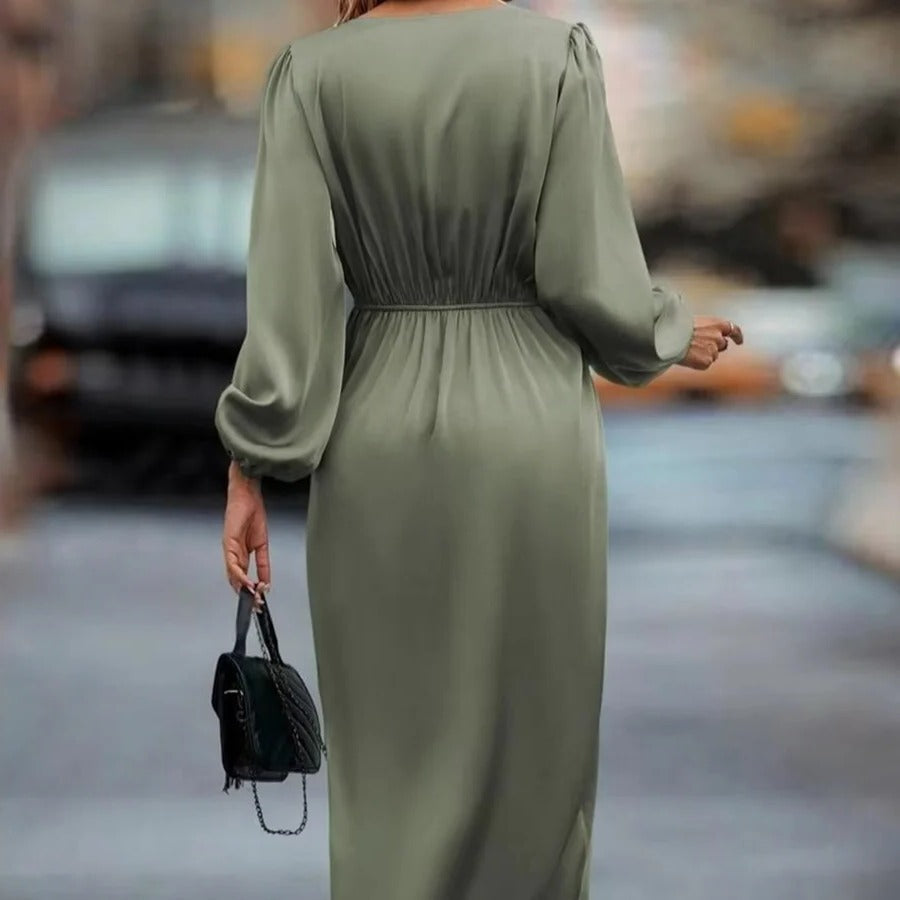 Elegante vestito midi da donna a maniche lunghe con scollo a V