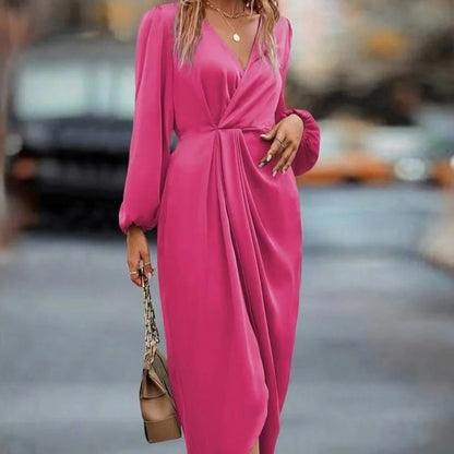 Elegante vestito midi da donna a maniche lunghe con scollo a V