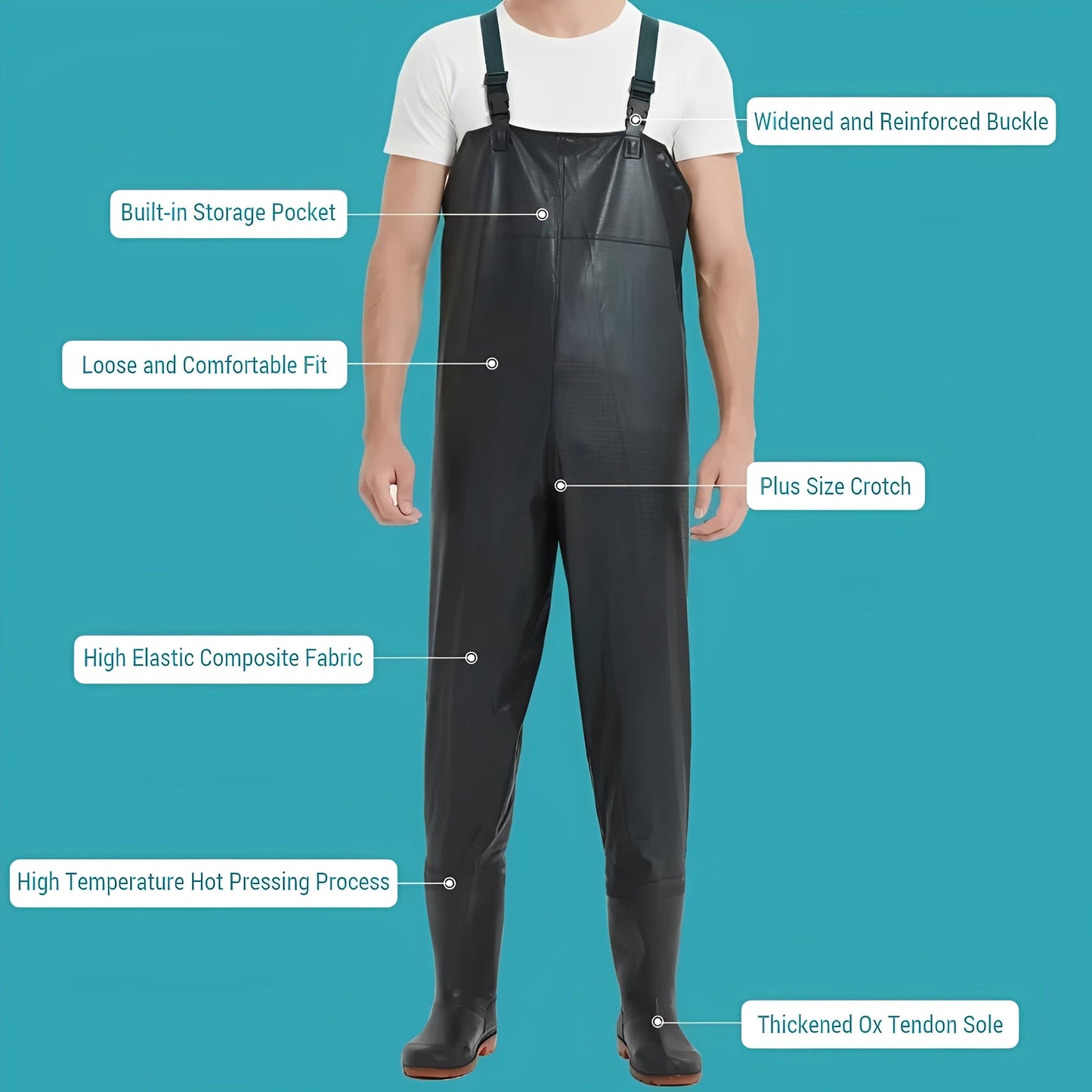 Waders al petto in PVC resistenti all'acqua con spallacci regolabili e stivali con suola antiscivolo