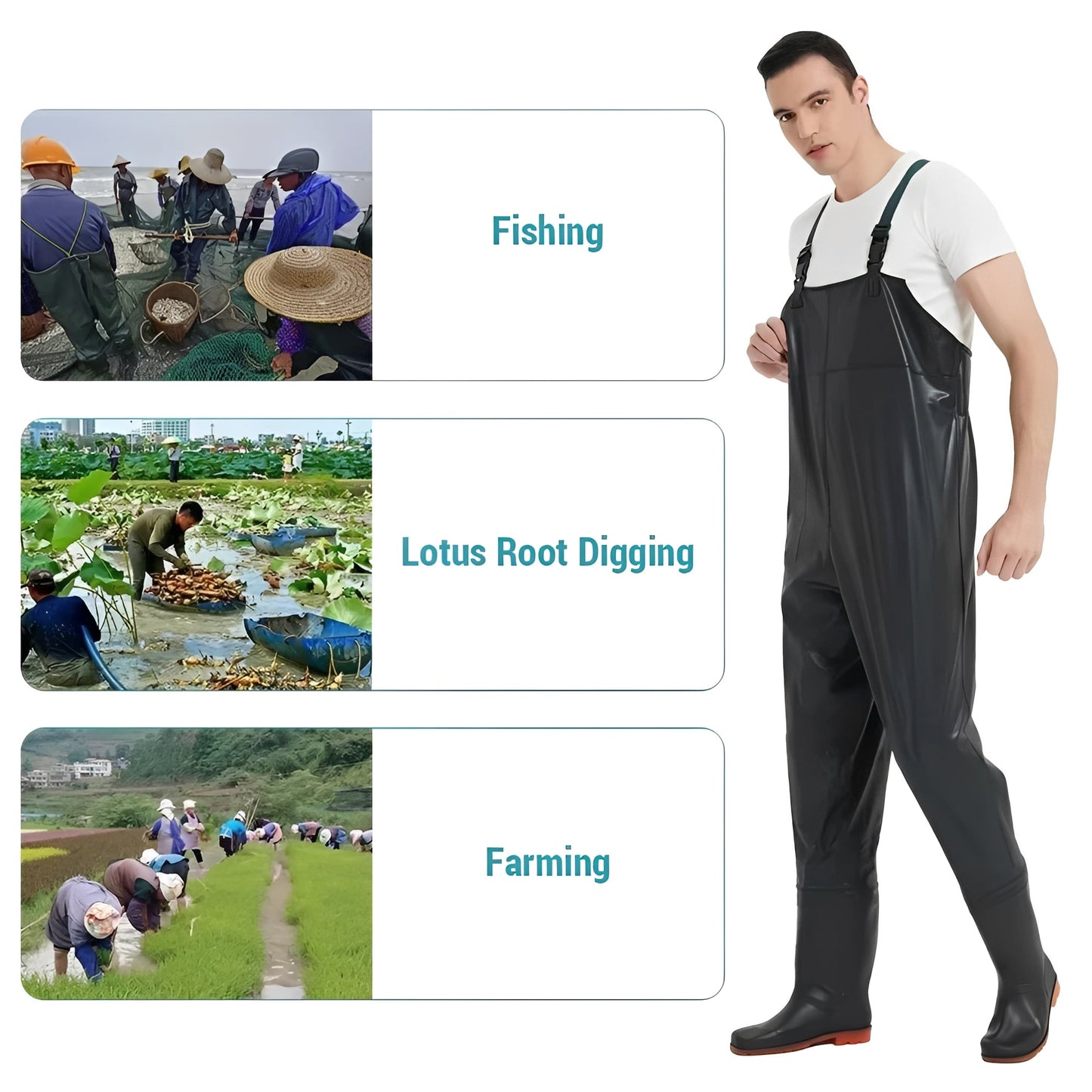 Waders al petto in PVC resistenti all'acqua con spallacci regolabili e stivali con suola antiscivolo