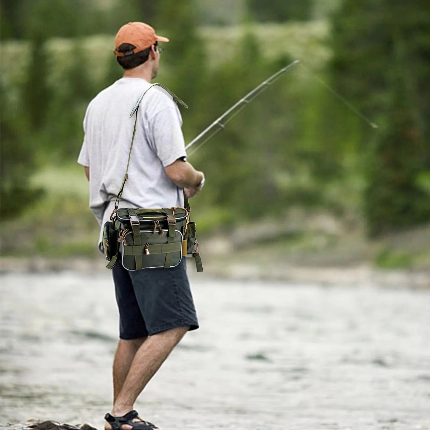 Borsa per attrezzature da pesca con scomparti multipli e tracolla