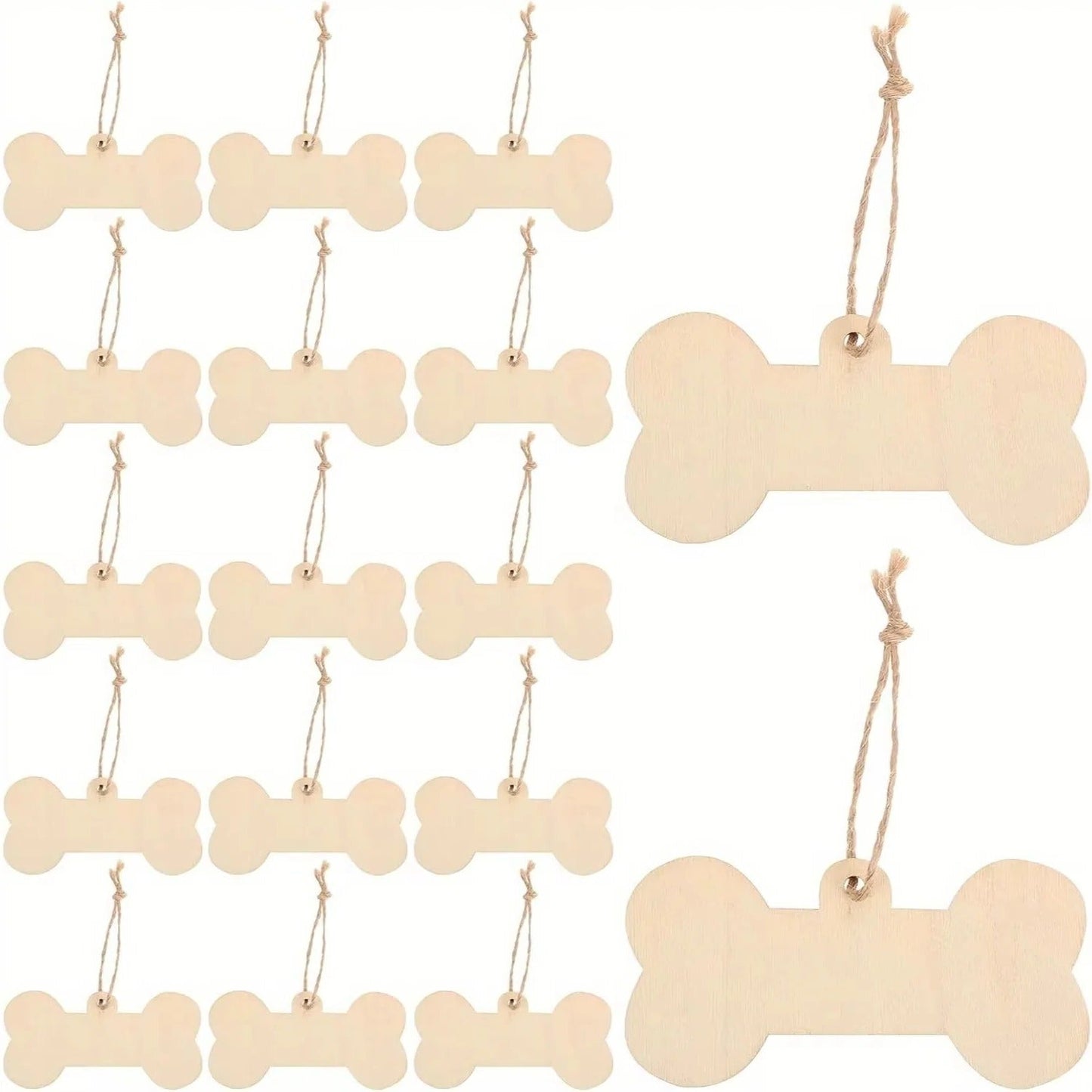 Set di etichette in legno a forma di osso per cani con corda