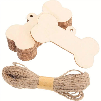 Set di etichette in legno a forma di osso per cani con corda
