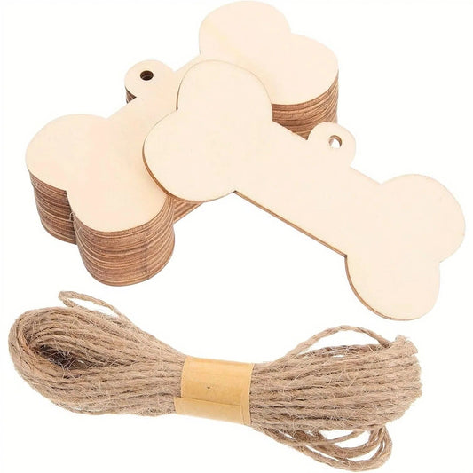 Set di etichette in legno a forma di osso per cani con corda