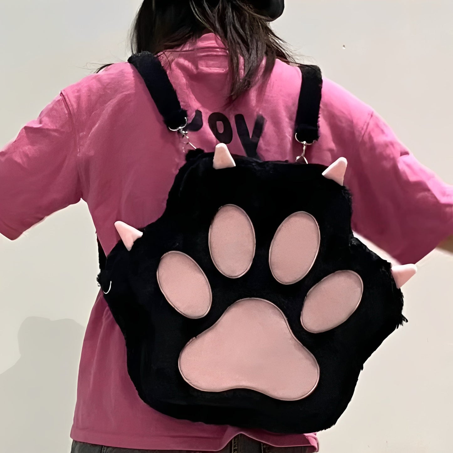 Zaino in peluche a forma di zampa di gatto con spallacci regolabili per donna