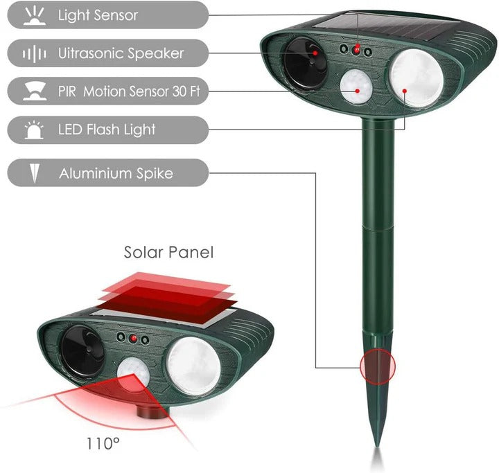 Repellente ultrasonico per conigli alimentato ad energia solare con luce lampeggiante