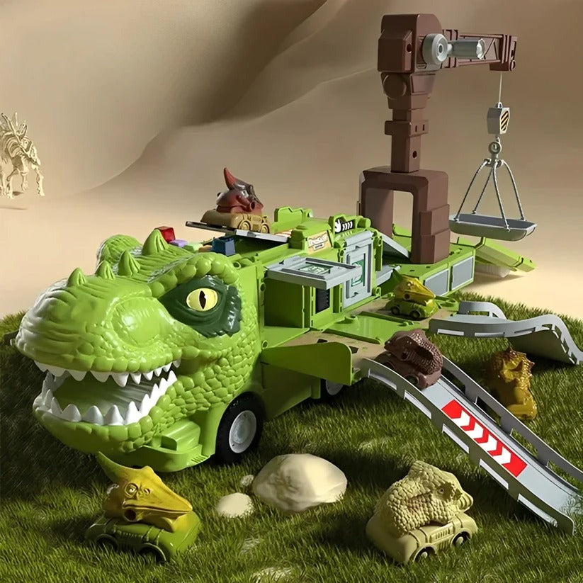 Giocattolo camion dinosauro 2-in-1 con luci, suoni e vano di stoccaggio
