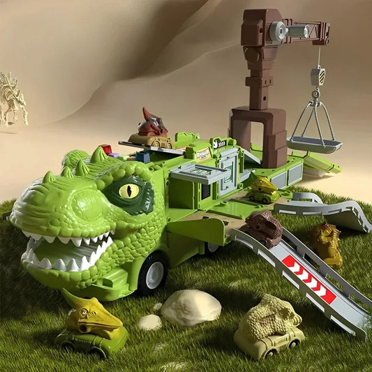 Giocattolo camion dinosauro 2-in-1 con luci, suoni e vano di stoccaggio