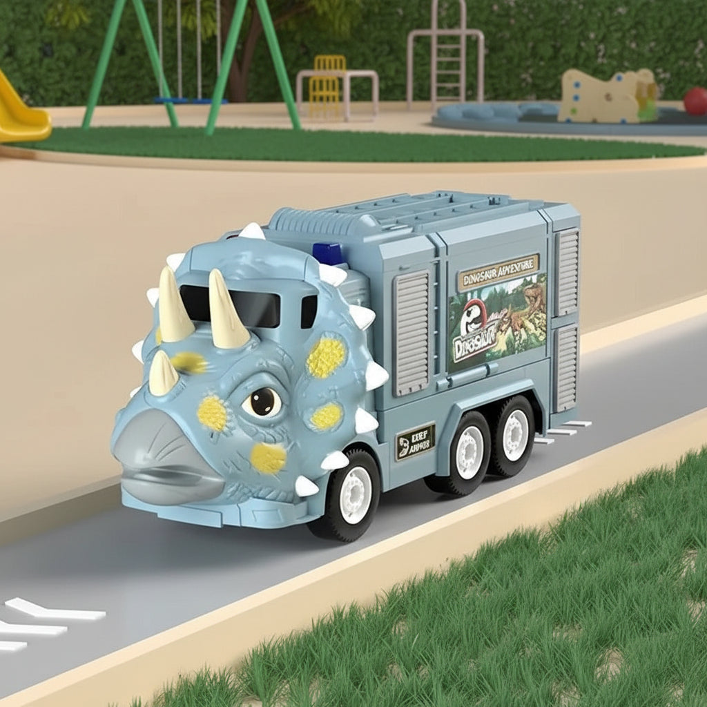 Giocattolo camion dinosauro 2-in-1 con luci, suoni e vano di stoccaggio