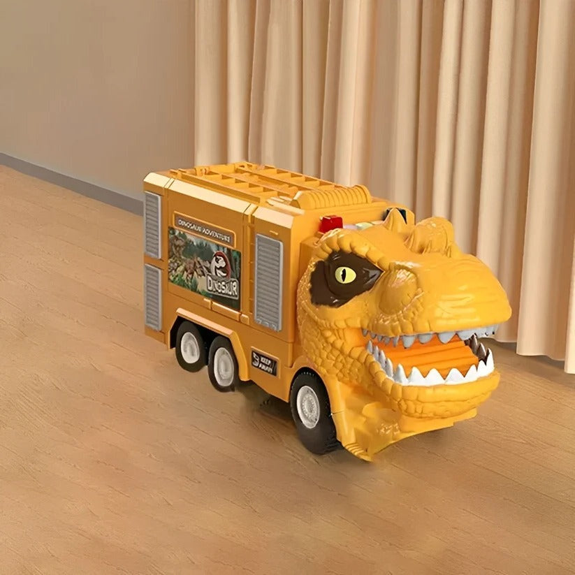 Giocattolo camion dinosauro 2-in-1 con luci, suoni e vano di stoccaggio