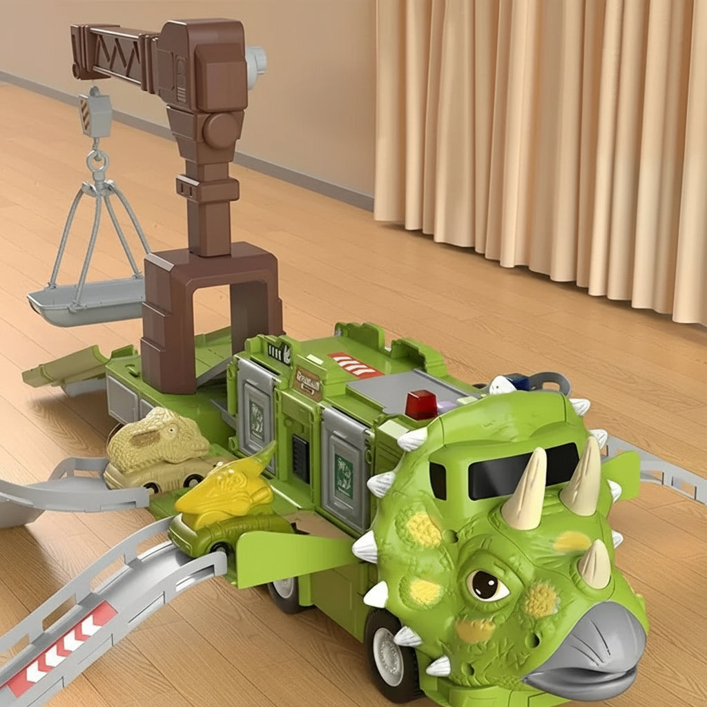 Giocattolo camion dinosauro 2-in-1 con luci, suoni e vano di stoccaggio