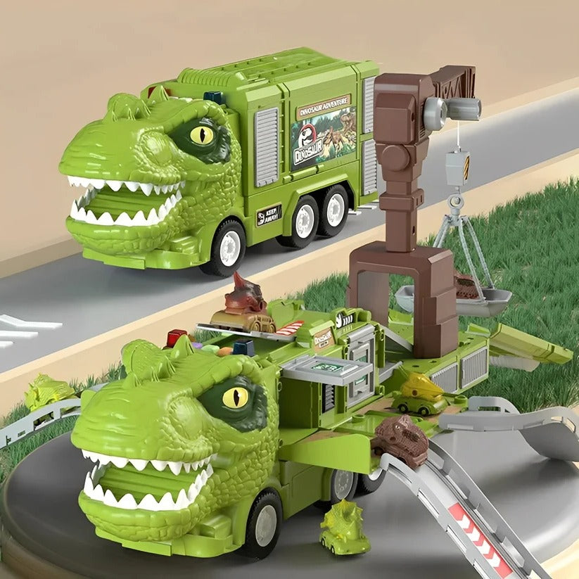 Giocattolo camion dinosauro 2-in-1 con luci, suoni e vano di stoccaggio