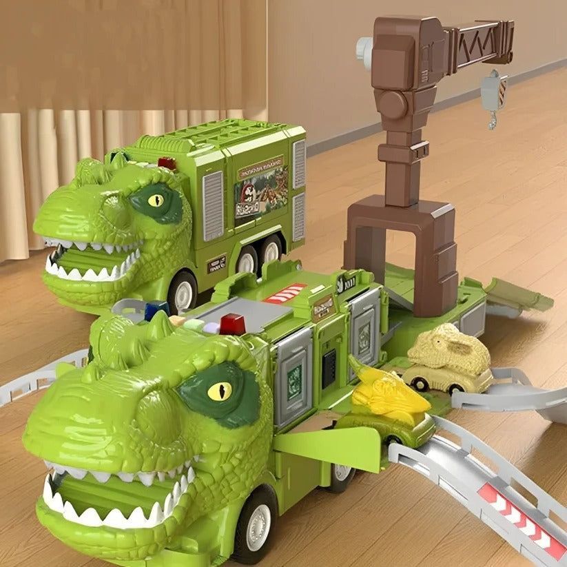 Giocattolo camion dinosauro 2-in-1 con luci, suoni e vano di stoccaggio
