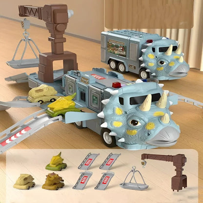 Giocattolo camion dinosauro 2-in-1 con luci, suoni e vano di stoccaggio