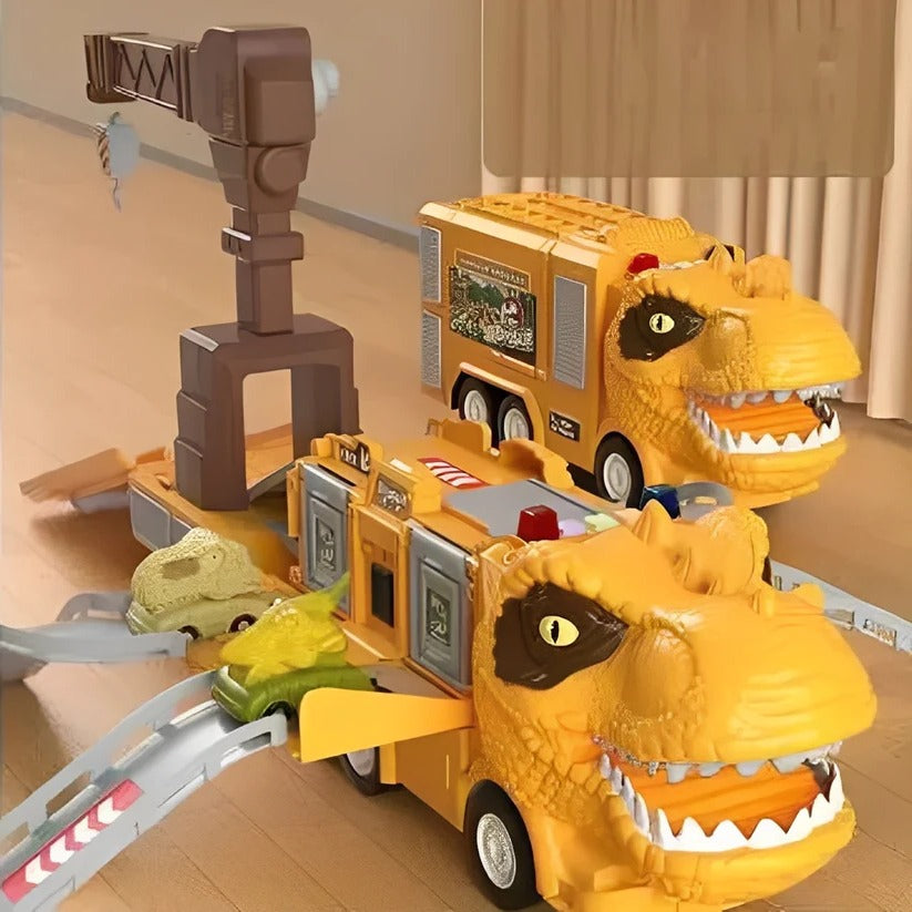Giocattolo camion dinosauro 2-in-1 con luci, suoni e vano di stoccaggio