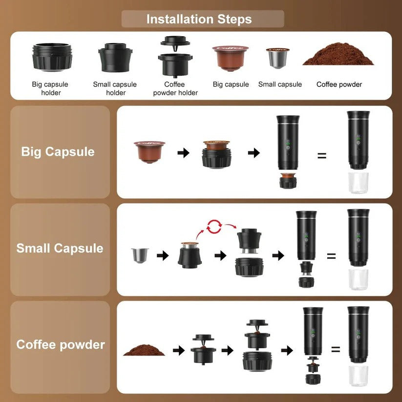 Macchina per espresso portatile da 20 bar con supporto per capsule e caffè macinato