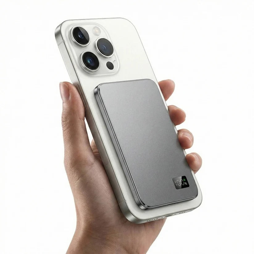 Caricatore magnetico portatile sottile in alluminio con ricarica wireless rapida per iPhone