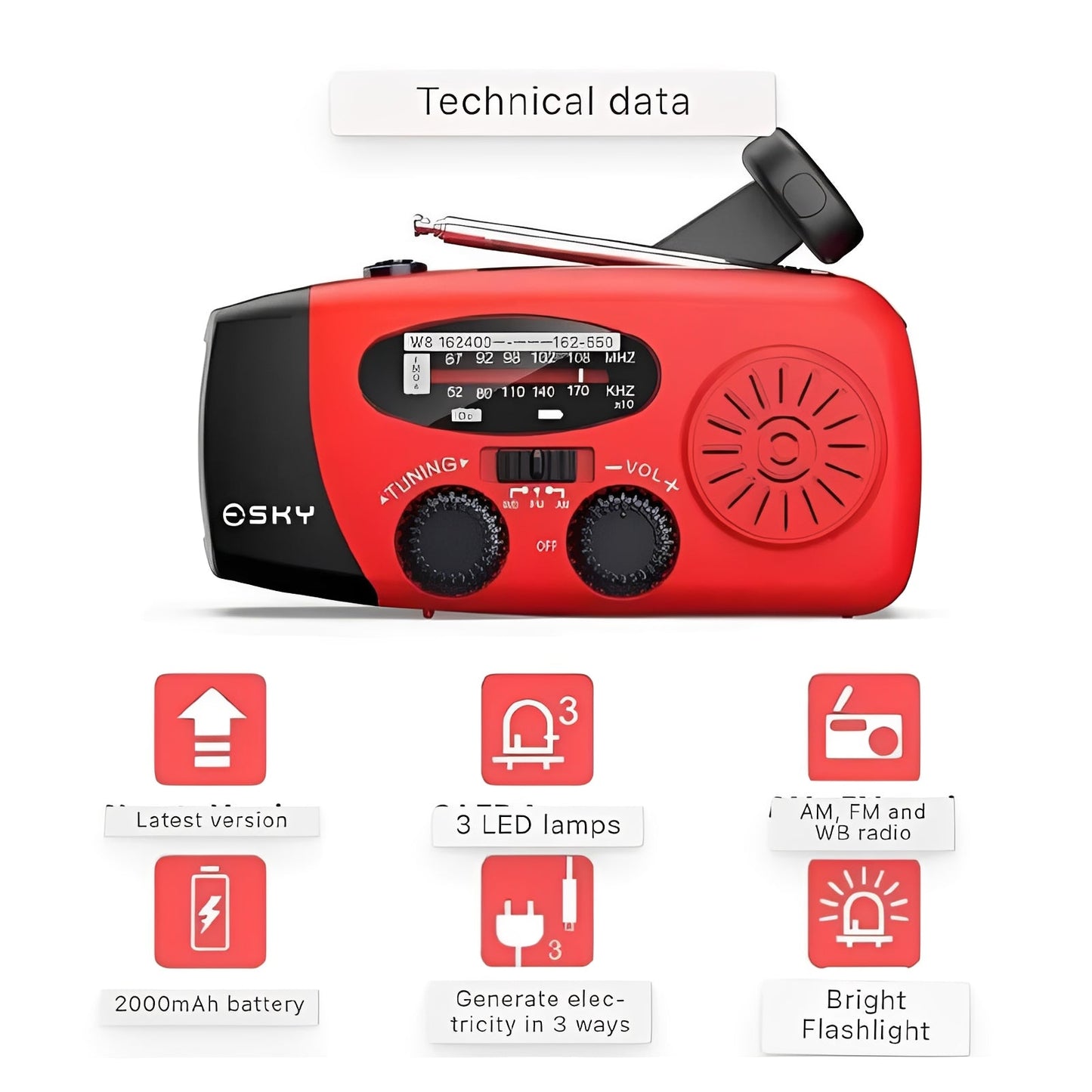 Radio di emergenza a manovella con bande AM/FM/WB, torcia a LED e batteria ricaricabile