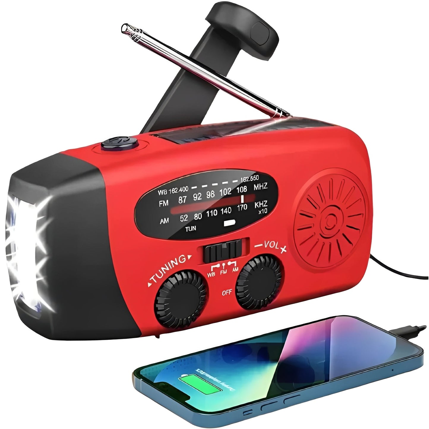 Radio di emergenza a manovella con bande AM/FM/WB, torcia a LED e batteria ricaricabile
