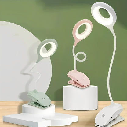 Lampada LED da lettura con collo a cigno e clip, ricaricabile USB e regolabile per uso da tavolo