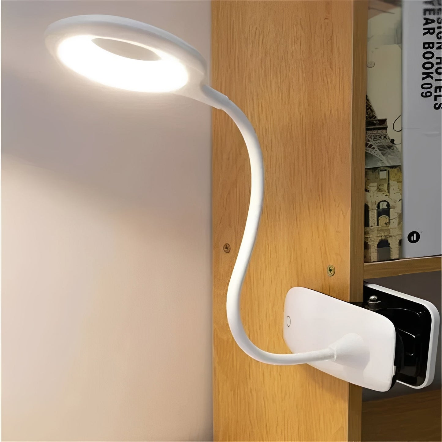 Lampada LED da lettura con collo a cigno e clip, ricaricabile USB e regolabile per uso da tavolo