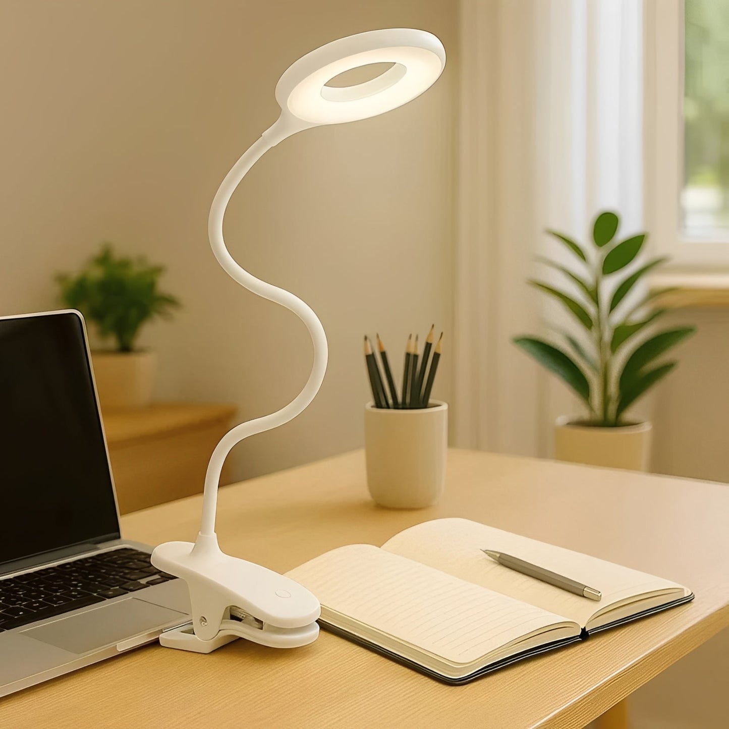 Lampada LED da lettura con collo a cigno e clip, ricaricabile USB e regolabile per uso da tavolo